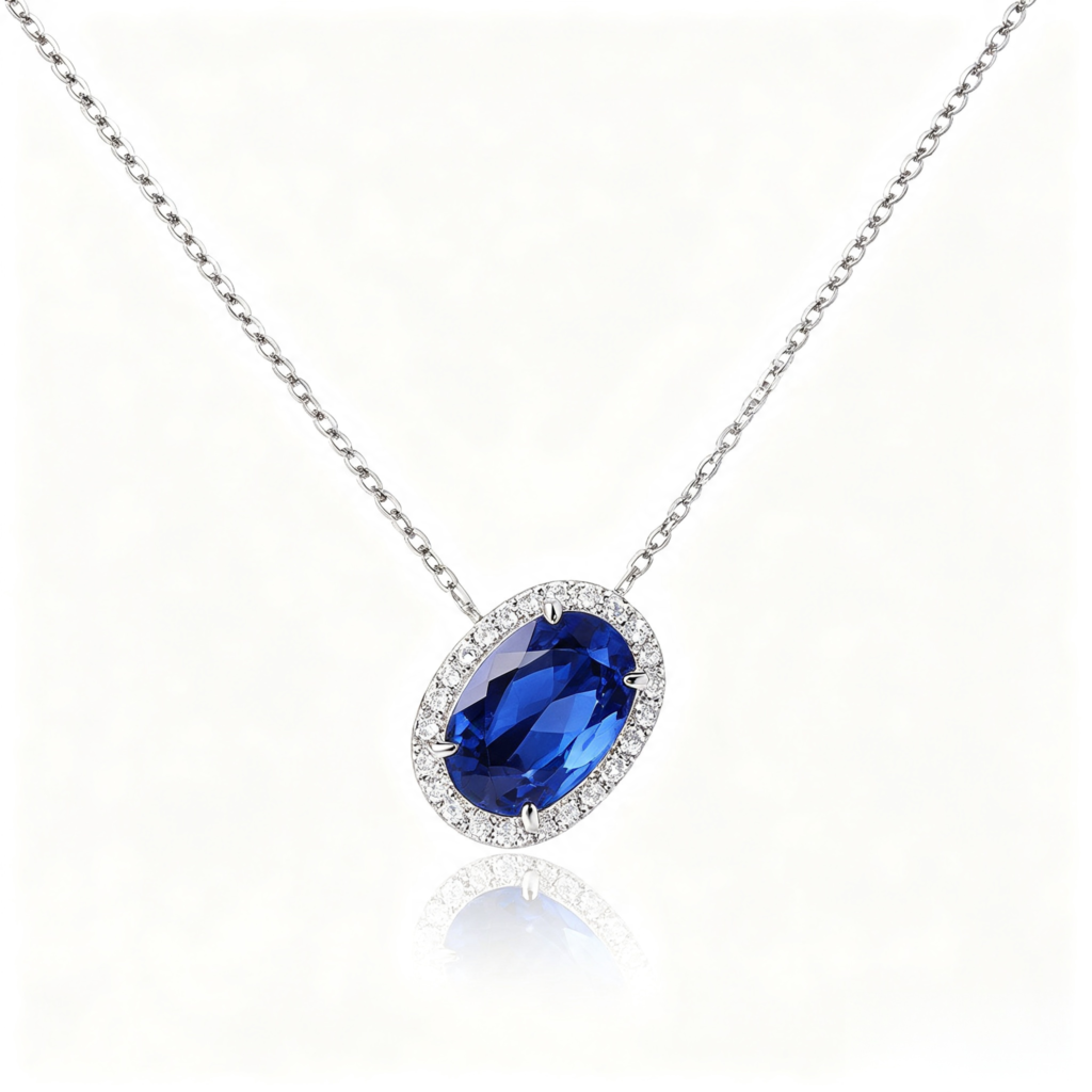 Blue Sapphire-Style Halo Pendant Necklace