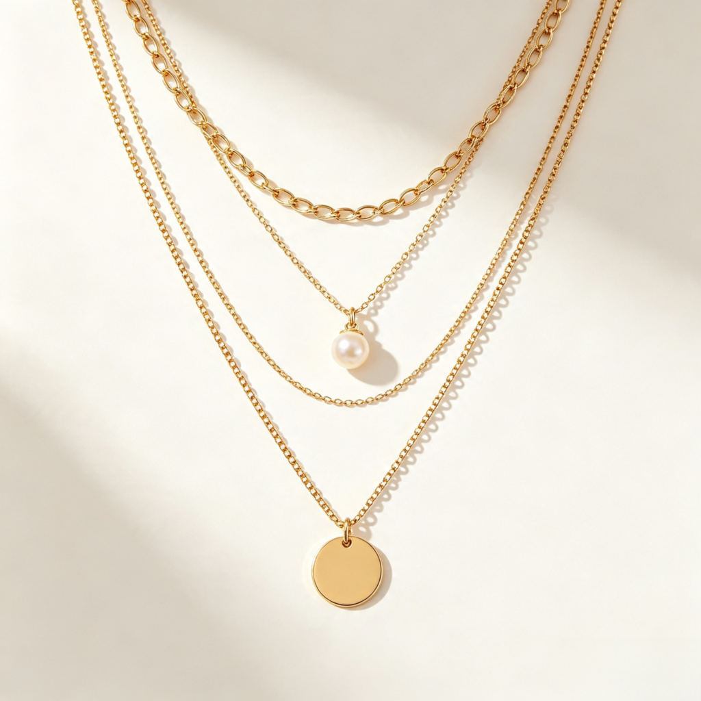 Layered Gold Chain Necklace with Pearl Pendant