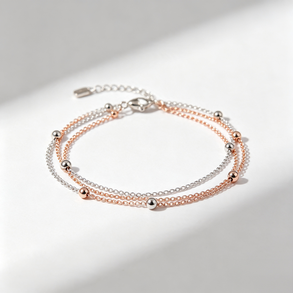 Rose Gold and Silver Layered Beaded Bracelet