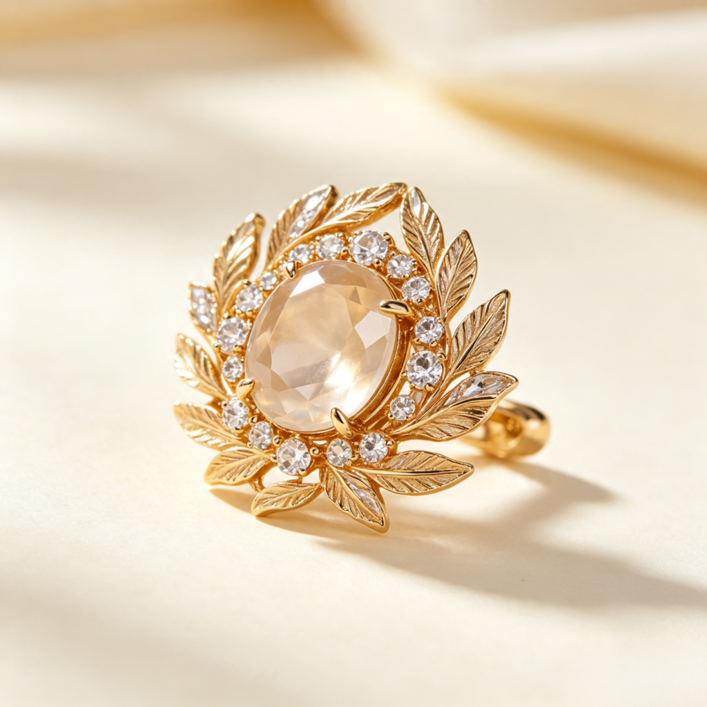 Gold Laurel Wreath Cocktail Ring with Champagne Stone