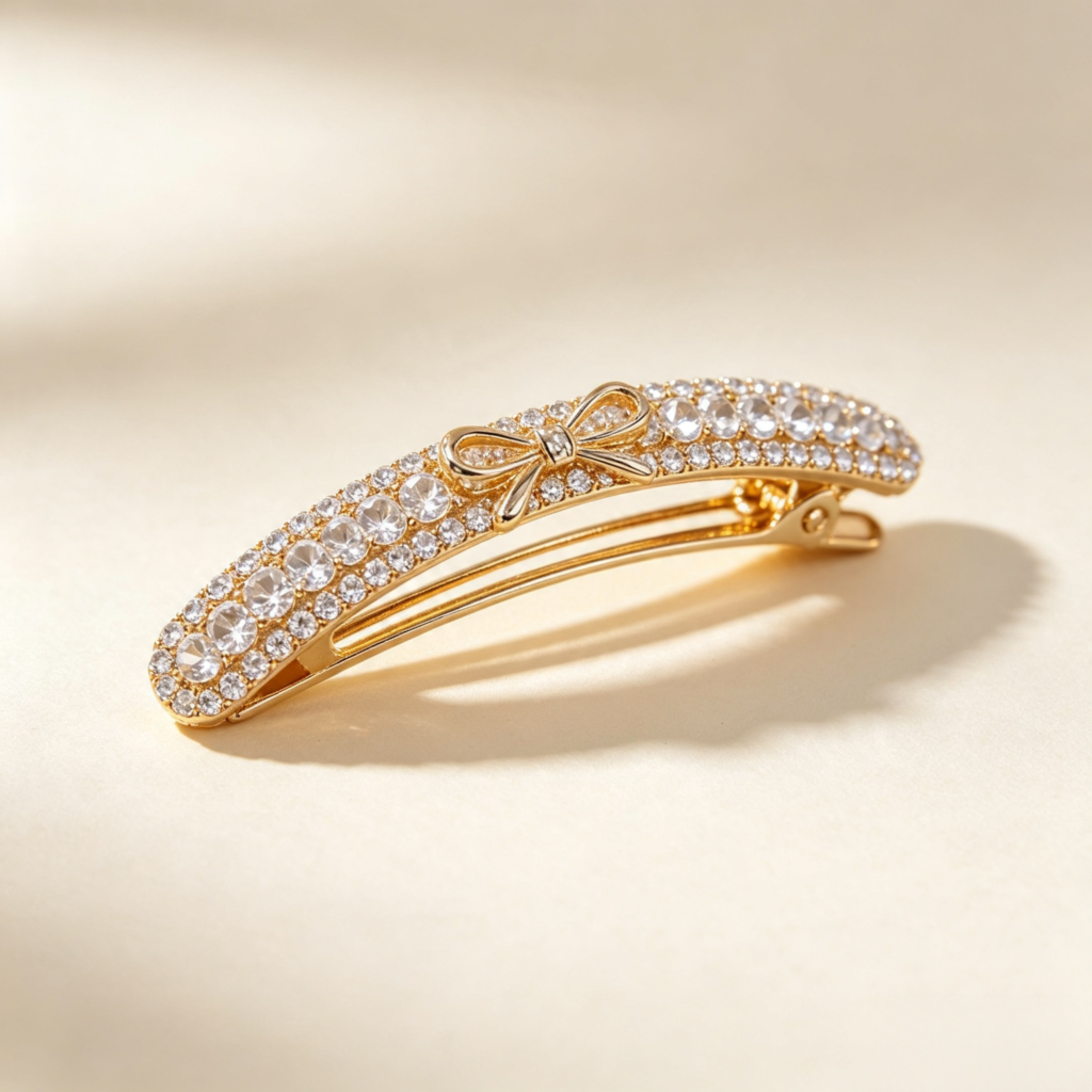 Gold Bow Crystal Hair Barrette Clip