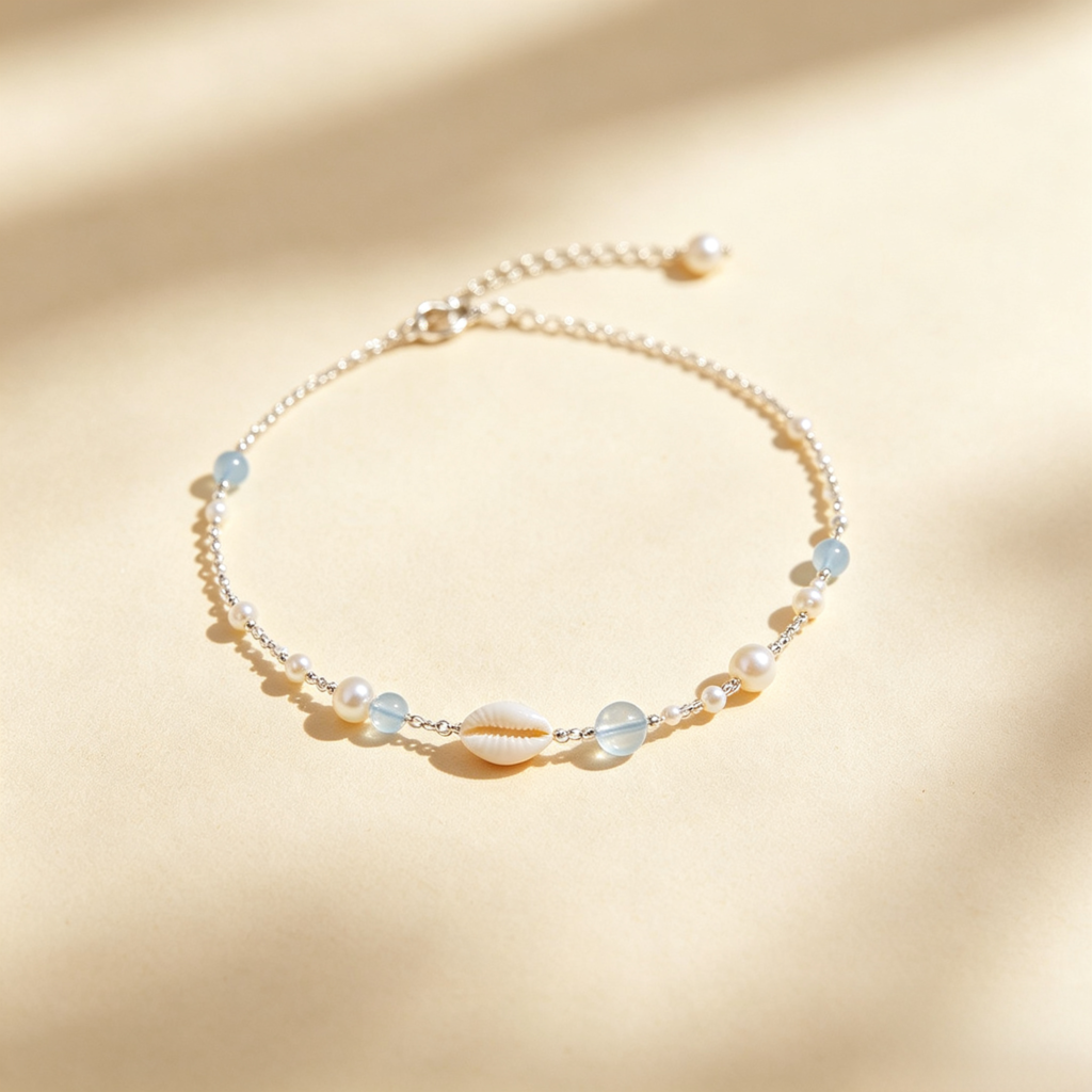 Silver Chain Bracelet with Light Blue Beads, Pearls and Shell Charm