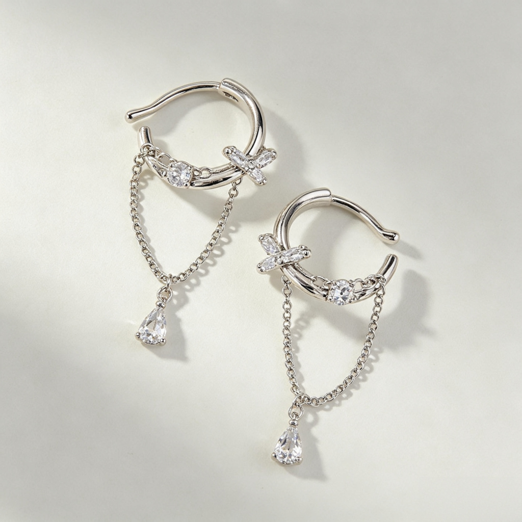 Silver Crystal Hoop Earrings with Chain Bow Detail