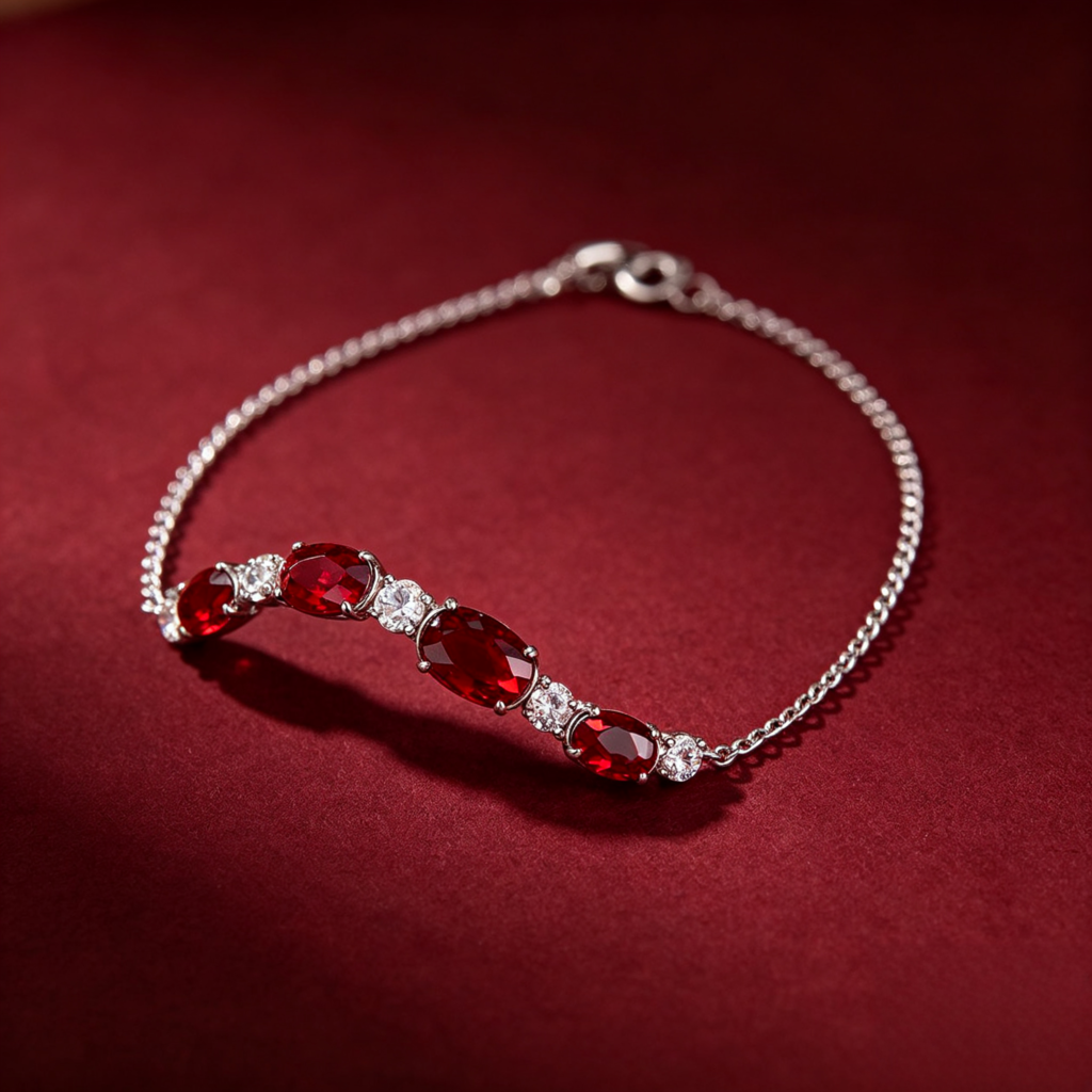 Ruby-Red Crystal Silver Chain Bracelet