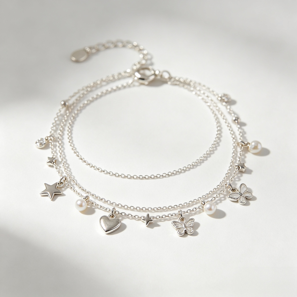 Silver Layered Charm Bracelet with Star and Butterfly Accents