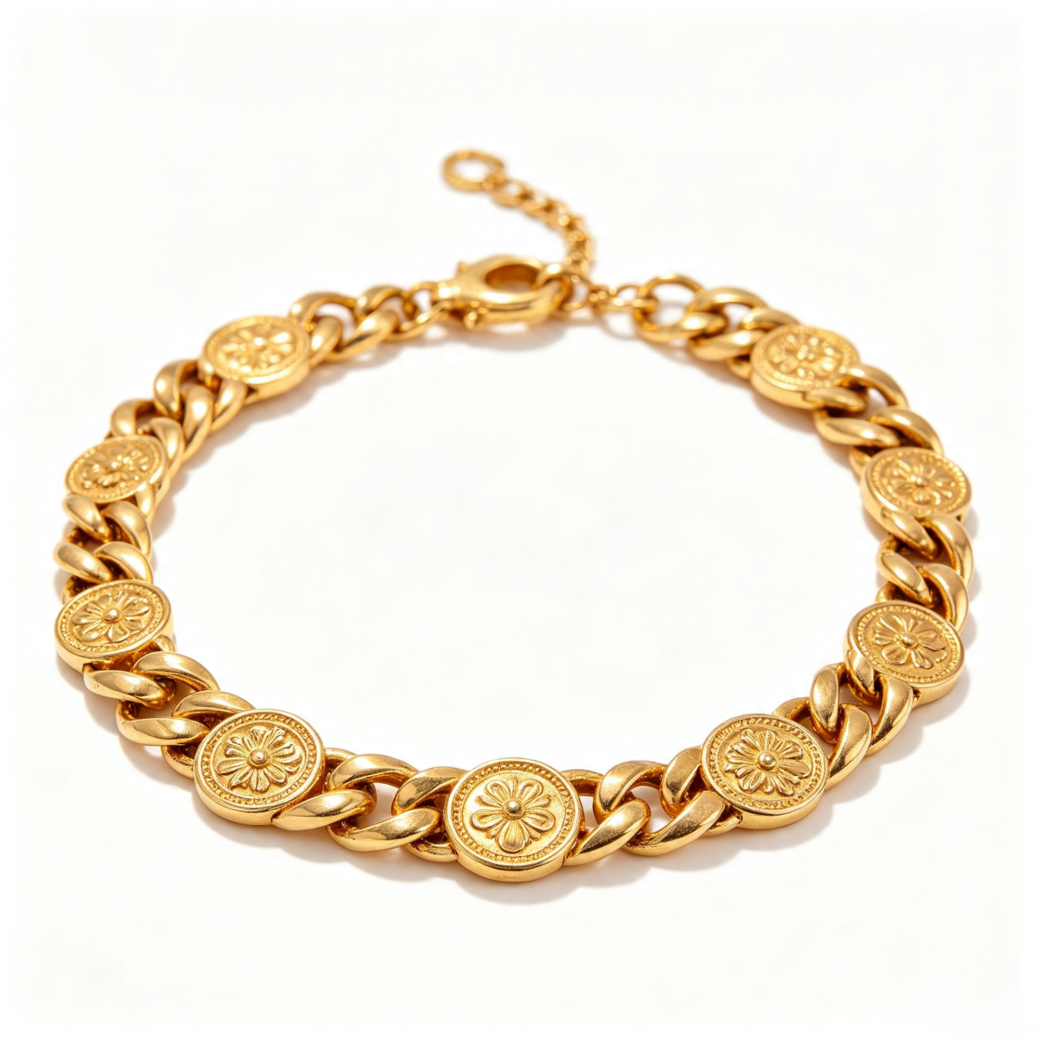 Gold Coin Charm Curb Chain Bracelet