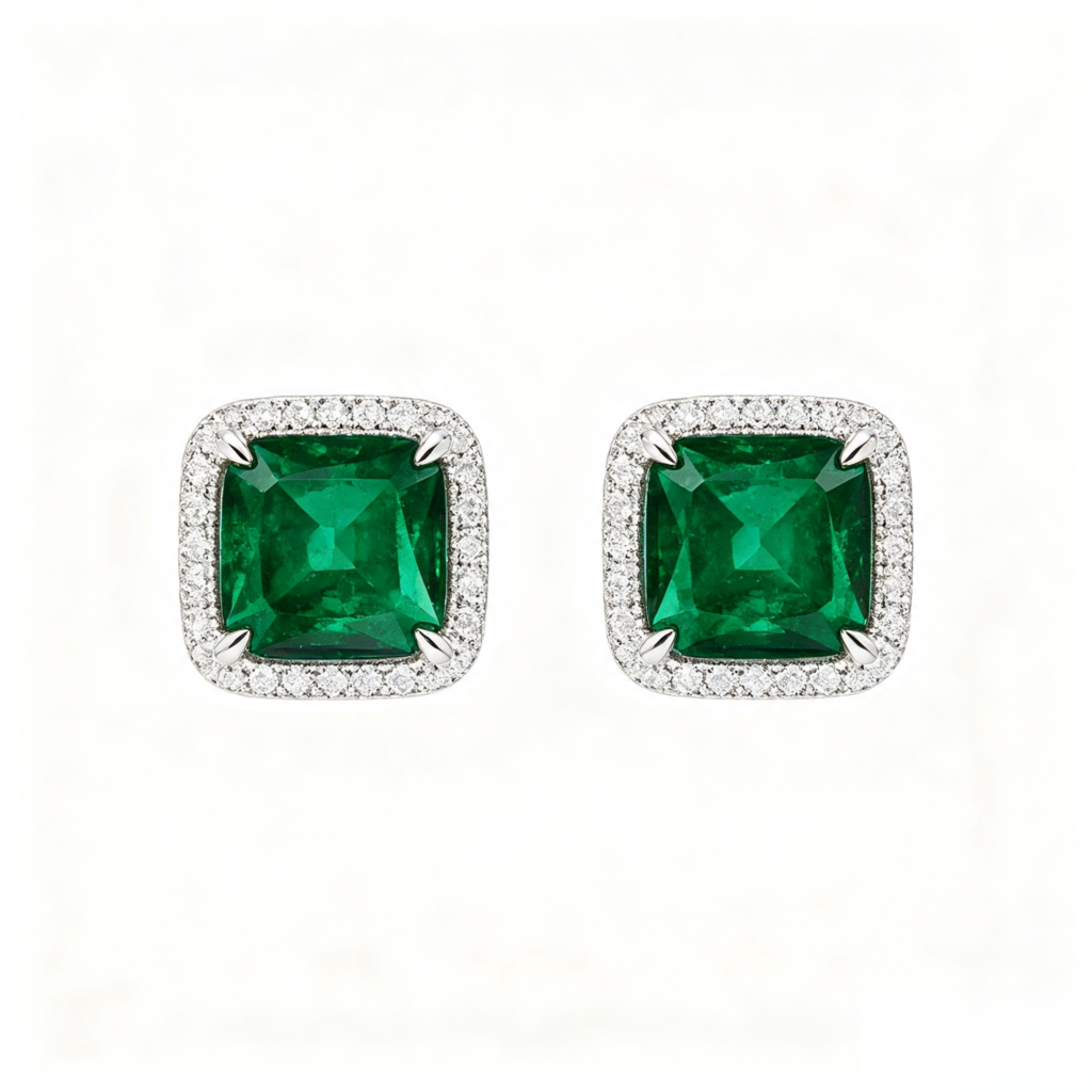 Emerald Green Square Halo Stud Earrings